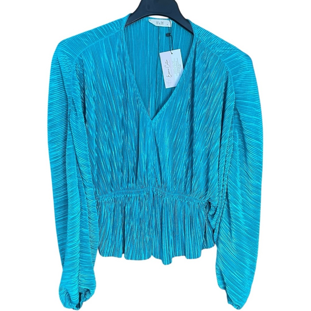 Jade by Jane Carlisle Pleated Blouse Turquoise Blue